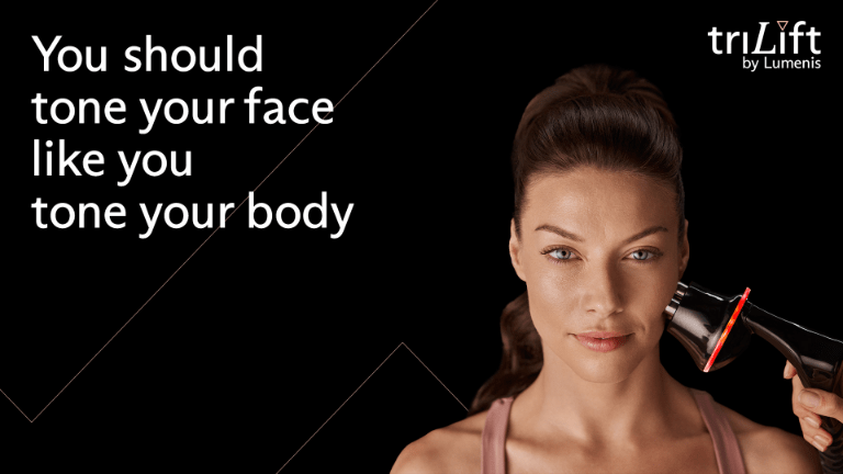 You should tone your face like you tone your body - a woman holding trilift hand piece